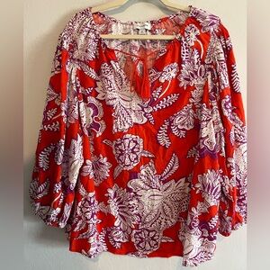 Anthropologie Calligraphie Floral Linen Blend Blouse 3XL Resort Vacation Cruise